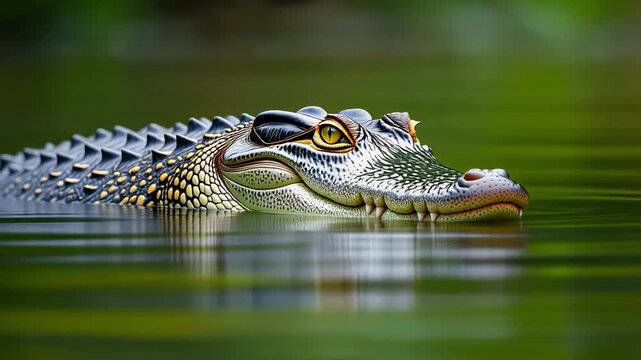 Caiman swimming in calm green water during daylight with cinematic motion