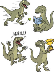 Cartoon velociraptor dinosaur character set running, roaring angrily, reading and holding a trophy, vector illustration © azwr