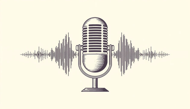 Vintage microphone illustration with sound wave audio frequency graphic design element