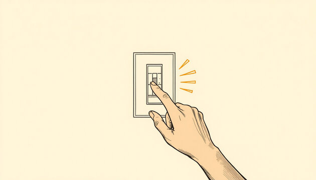 Hand flipping a light switch on wall, illustration of turning on electricity power.