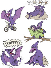 Cartoon pterodactyl dinosaur character set flying, riding a bicycle, sleeping and reading a book, vector illustration © azwr