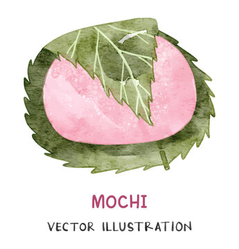 Sakura mochi watercolor illustration. Japanese traditional cuisine dish wrapped in cherry leaf. Suitable for menu design, greeting card, sticker.