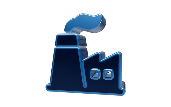 Factory Icon: A 3D rendering of a blue factory building icon with smoke billowing from its chimney, representing industrial production and manufacturing.