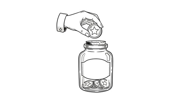 Hand putting a star coin into a glass savings jar for financial growth and investment.