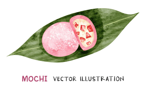 Pink mochi dessert ice cream on leaf plate. Watercolor strawberry mochi.
