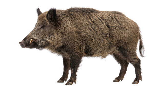 Wild Boar Side Profile Standing On White Background.