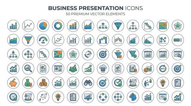 Business presentation icons, set of 50 premium vector elements. Corporate data visualization symbols. Professional analytics and finance graphics.