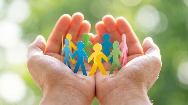 Hands holding a circle of colorful paper cutout people outdoors