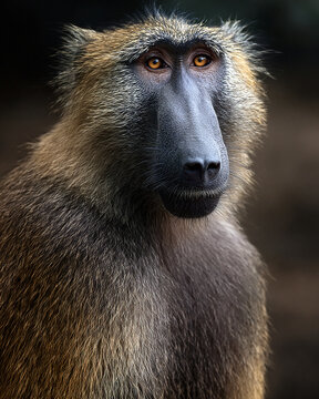 Baboon Portrait A close-up portrait of a majestic baboon with intense eyes and rugged fur, showcasing its powerful presence and wild spirit.