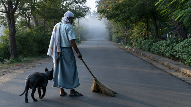 Man Sweeping Road with Dog Companion A solitary figure sweeps a quiet, mist-covered road at dawn, accompanied by a loyal dog, evoking a sense of humble dedication and tranquil morning routine.