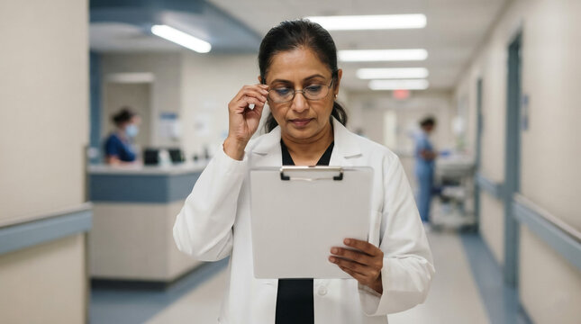 Female doctor in white coat reading medical chart in hospital corridor