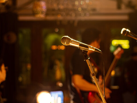 Microphone on Stand at Live Music Venue with Blurred Band in Background