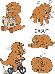 Cartoon triceratops dinosaur character set reading, roaring, running and sleeping, vector illustration © azwr