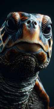 Close-up turtle portrait with patterned skin and dark eyes