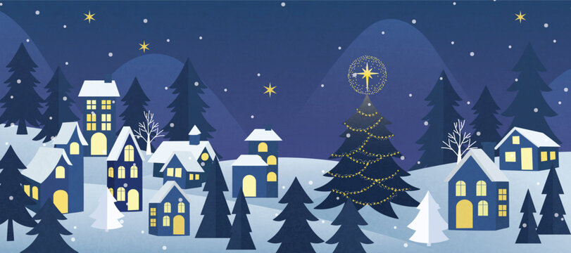 Christmas Night Winter background vector. Happy New Year season greeting with house, pine tree, reindeer and snowfall. Background design for invitation, cards, social post, cover, sale banner, ads.