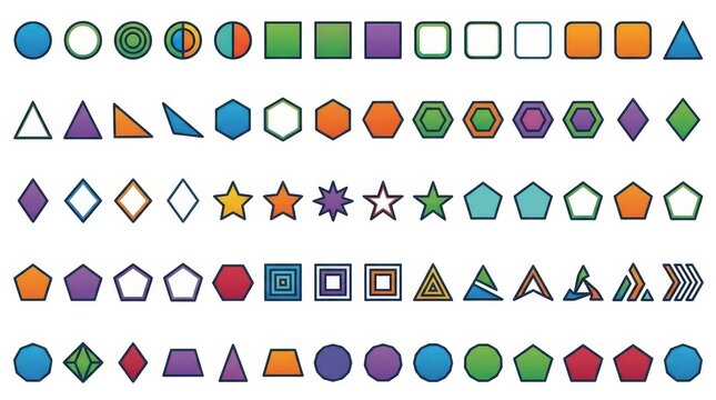 Geometric shape collection, colorful flat icons set of 75 elements. Minimalist vector symbols for educational design and infographics.