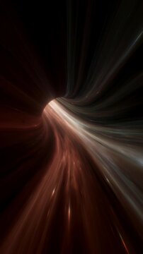 Warm bronze hyperspace tunnel bending through a dark cosmic corridor, futuristic vertical reel depicting rapid space travel, smooth distortion, cinematic science fiction motion and immersive depth
