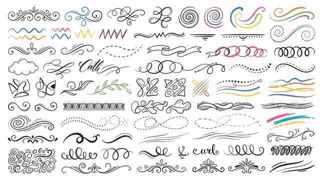 Vintage calligraphic flourishes and hand-drawn swirls. Elegant decorative dividers and ornamental line art set. Ornate wedding invitation scroll elements.