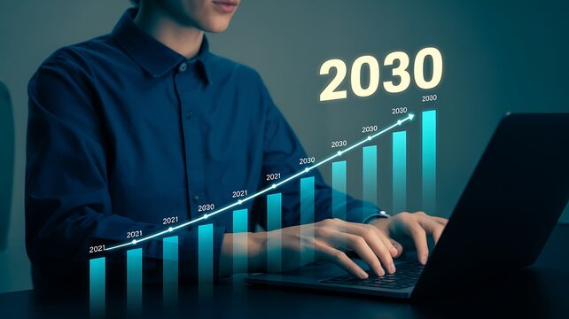 Business growth forecast for 2030 with rising financial chart and laptop
