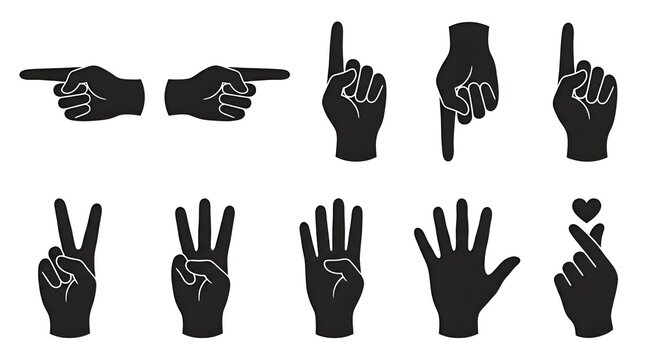 Hand gestures and counting communication vector icon set isolated on white background, finger signs and direction signals silhouette collection
