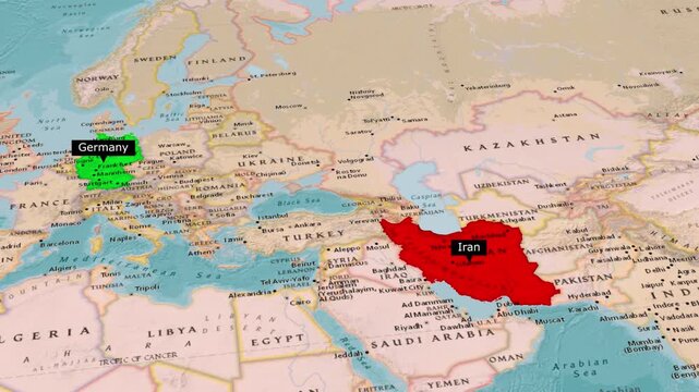 Iran and Germany Distance Comparison on World Political Map