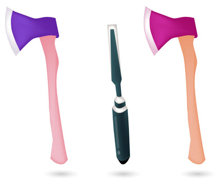 Colorful illustration of axes and a knife on transparent background