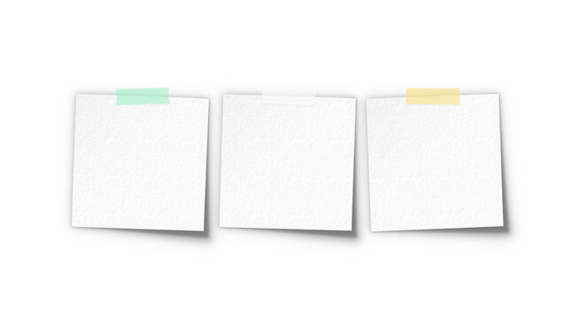 Sticky note paper set mockup with tape. Blank white post-it reminder memo pads collection with adhesive washi tape for to-do list and office notice.
