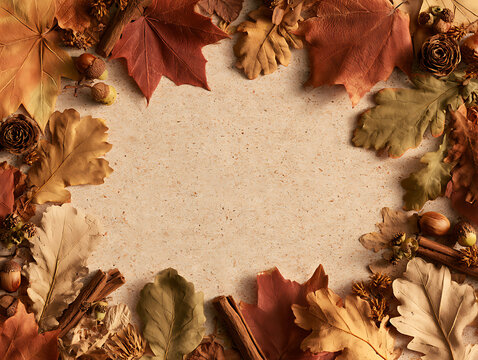 Colorful leaves and natural materials arranged on a light background during the autumn season