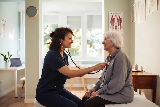 Professional female doctor examining an elderly female patient with a stethoscope and communicating warmly in a bright clinic, hospital medical service and healthcare concept
