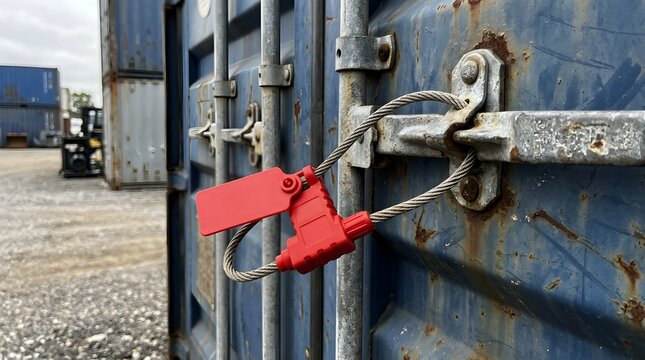 Red security cable seal locking a blue cargo shipping container door in an industrial yard