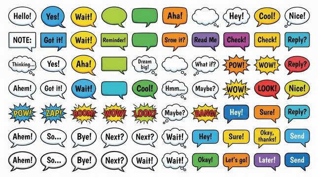 Colorful speech bubble set with text, comic style chat icons collection, vibrant message balloons for social media and web design