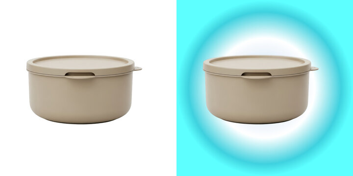 Beige round plastic food storage container isolated on white background