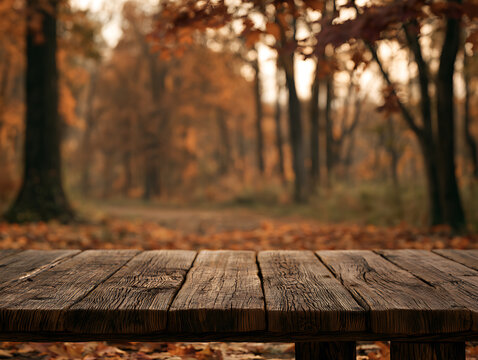 Wooden table in a forest during autumn near a path with fallen leaves