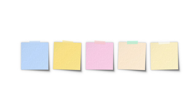 Sticky note 5 pastel color strip set mockup. Blank post-it reminder memo sheets collection in a row for calendar task management and office notice.