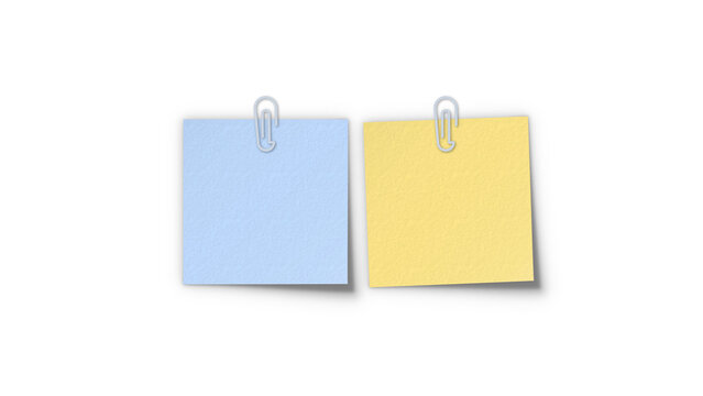 Sticky note metal paperclip set mockup. Pair of blue and yellow post-it memo reminder sheets collection with clip for school and office tasks.