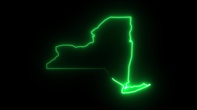 New york state map outline with glowing neon green light effect on black background 4K Motion video animation