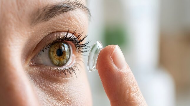 Close up of a woman inserting a contact lens into her eye for vision correction and eye care.