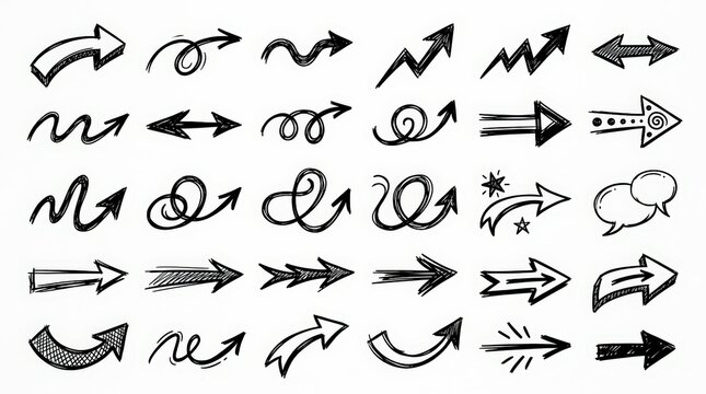 Hand-drawn arrow icons set, black ink doodle pointers on white background, 30 sketch direction symbols for business presentations