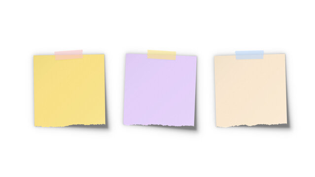 Sticky note torn edge washi tape set mockup. Ripped paper memo sheets collection with adhesive tape for creative bullet journal and scrapbooking.