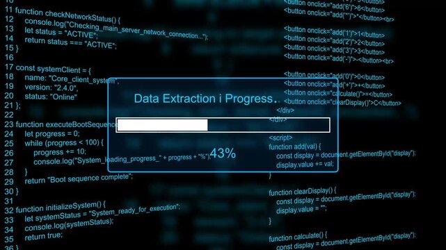 Data extraction in progress loading bar animation loop with percentage status box on dark code background visual asset