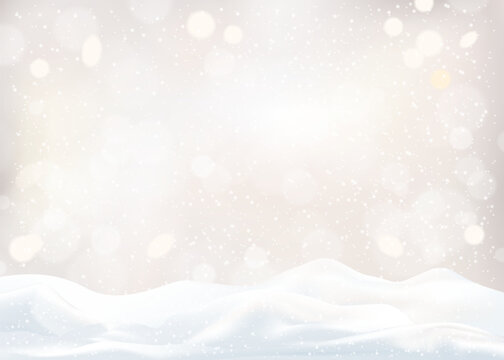 Christmas Background,Winter Scene Falling Snowflake,Soft Bokeh Light,White Snowdrift on Snow Ground, Realistic 3D design Winter Wonderland Landscape For New Year Holiday Banner,Greeting Card Festive 
