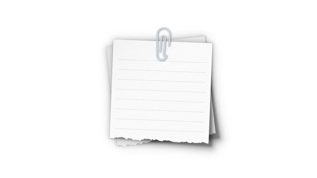 Sticky note lined paperclip memo mockup. White ruled notepad sheet attached with metal paper clip for office to-do list.