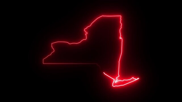 Glowing red neon outline map of new york state on black background, digital of ny state border, minimalist state silhouette for travel, business, and geographic concepts 4K Motion video animation