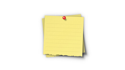 Sticky note lined yellow pin mockup. Ruled post-it memo pad sheet pinned with red pushpin for bulletin board to-do list. © Josnara