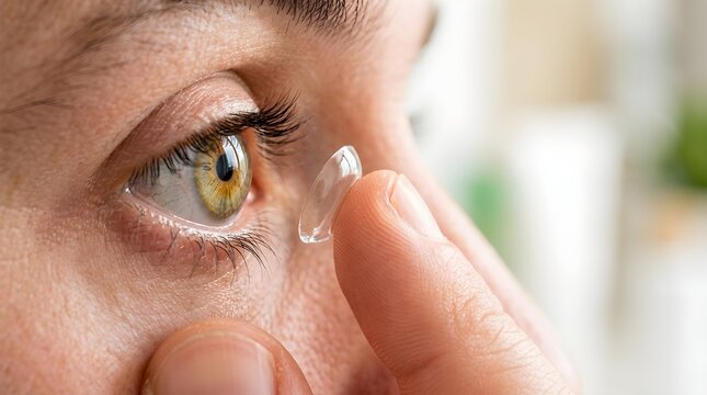 Close-up of a person inserting a transparent contact lens into their eye for vision correction