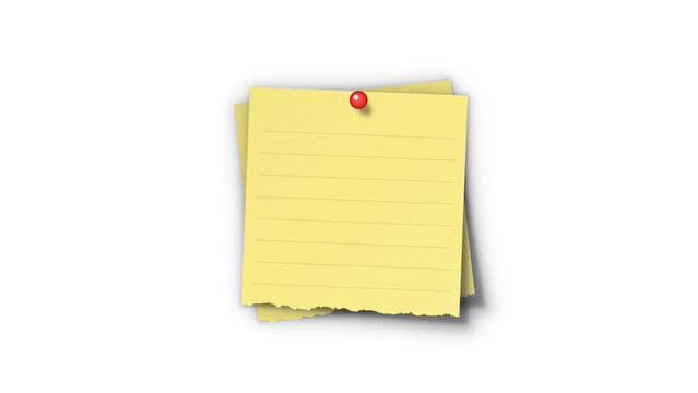 Sticky note lined yellow pin mockup. Ruled post-it memo pad sheet pinned with red pushpin for bulletin board to-do list.