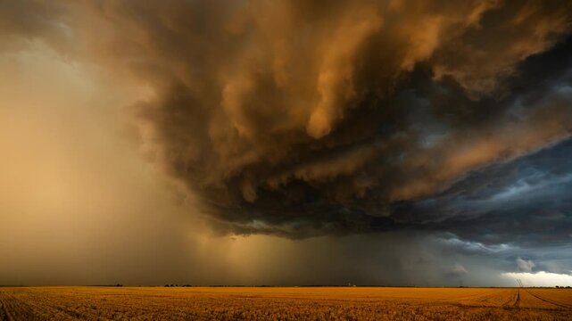 Massive supercell thunderstorm rolling over an agricultural field during golden hour sunset with lightning