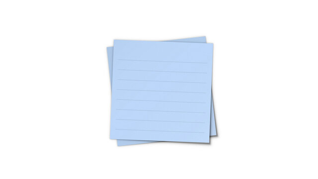 Sticky note blue lined memo pad mockup. Ruled post-it note paper sheet with drop shadow for task reminder and message board.