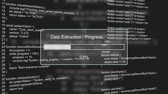 Data extraction in progress loading bar animation loop with percentage status box on dark code background visual asset