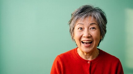 Fototapeta premium Older east asian woman radiant smile open mouth mint solid An older East Asian woman shows a radiant open smile with optimistic energy for positive aging and joyful announcements campaigns